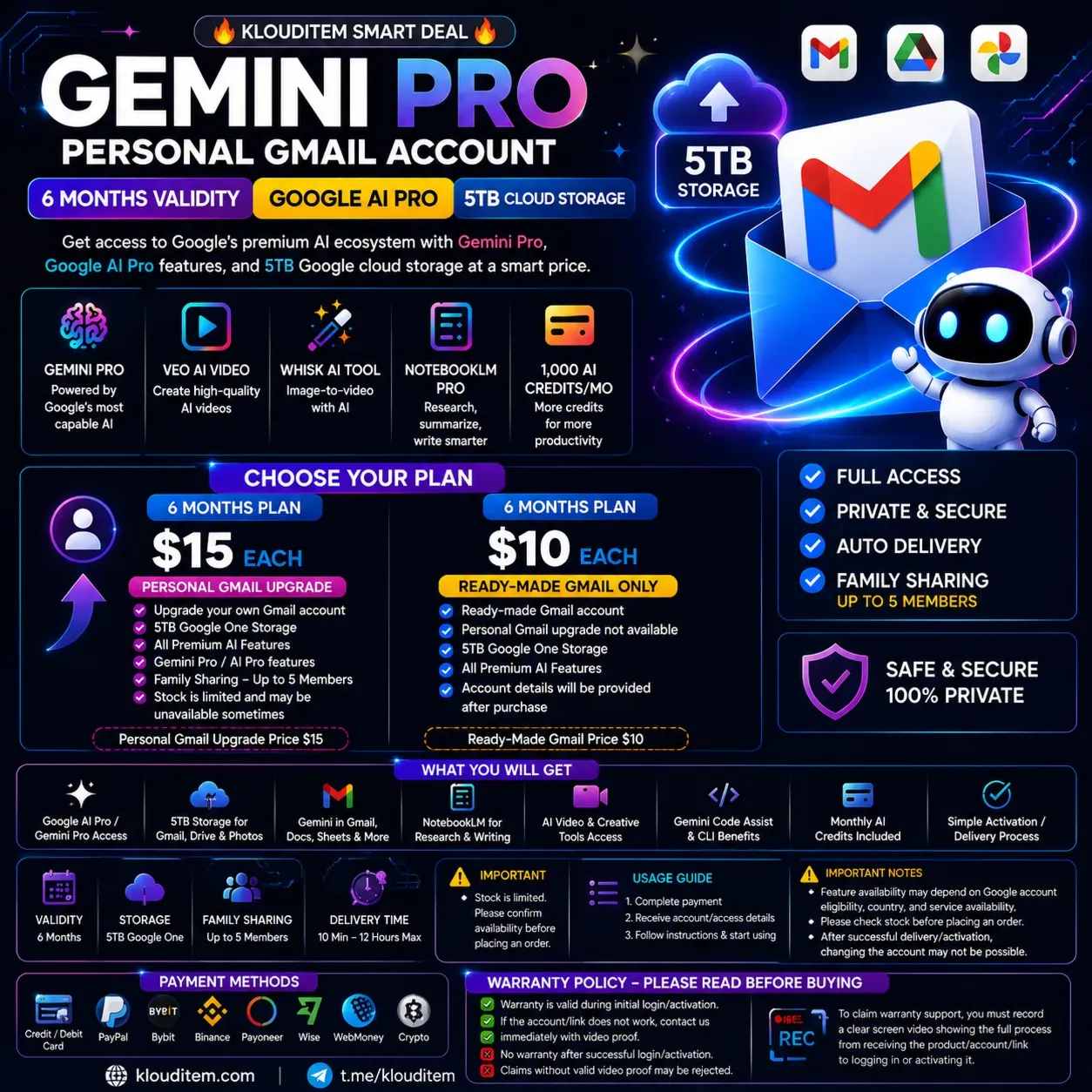 6 месяцев Gemini Pro Google AI One на вашем личном Gmail
